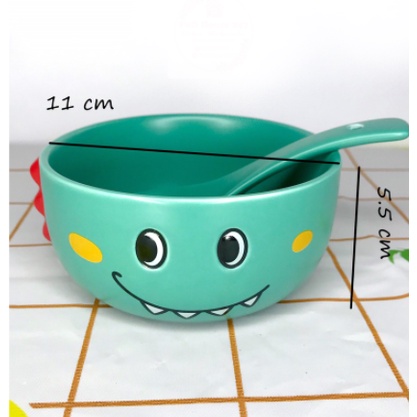 Bát tròn khủng long bằng gốm sứ cao cấp size to tặng kèm thìa bằng sứ cho bé yêu ăn cơm, tập ăn dặm