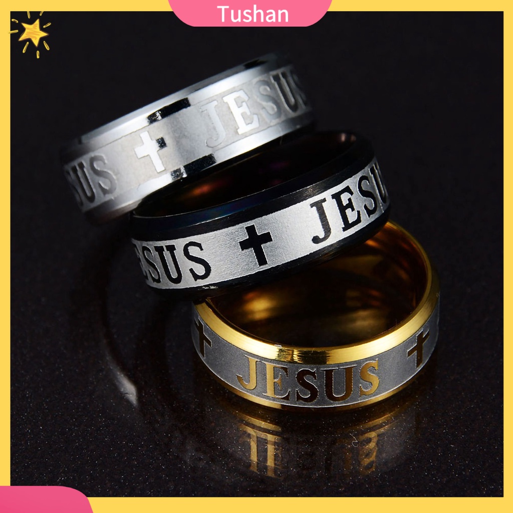 Nhẫn thép không gỉ họa tiết khắc thập giá và chữ Jesus độc đáo thời trang