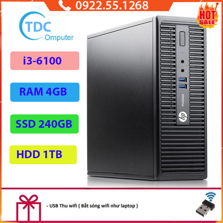 Case máy tính đồng bộ HP ProDesk 400G3 SFF, cpu core i3-6100, ram 4GB, SSD 240GB + HDD 1TB Tặng USB thu Wifi