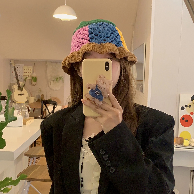 Mũ Bucket Dệt Kim Tay Bèo Màu Sắc Tương Phản Phong Cách Nhật Bản Thời Trang Thu Đông Cho Nữ