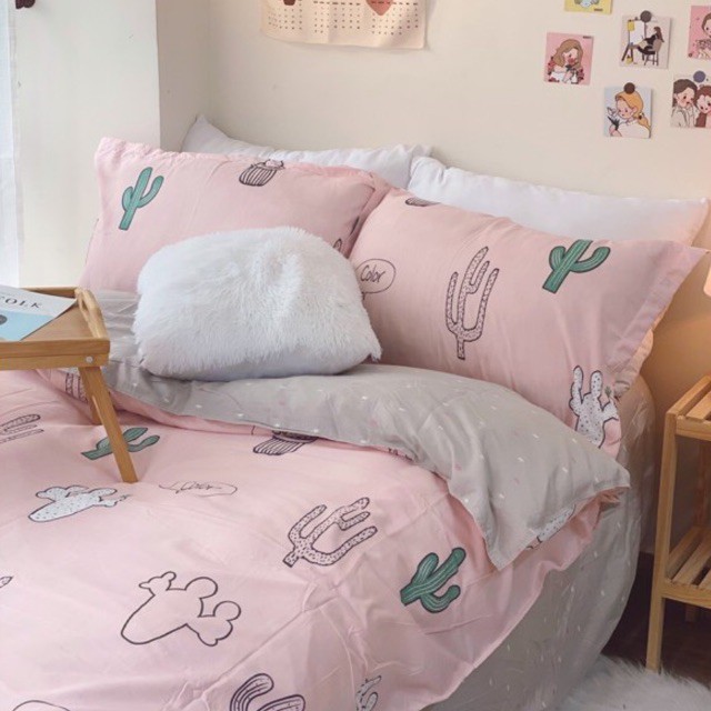 Bộ chăn ga gối Cotton Poly họa tiết xương rồng màu hồng xám đủ kích thước MÂY BEDDING