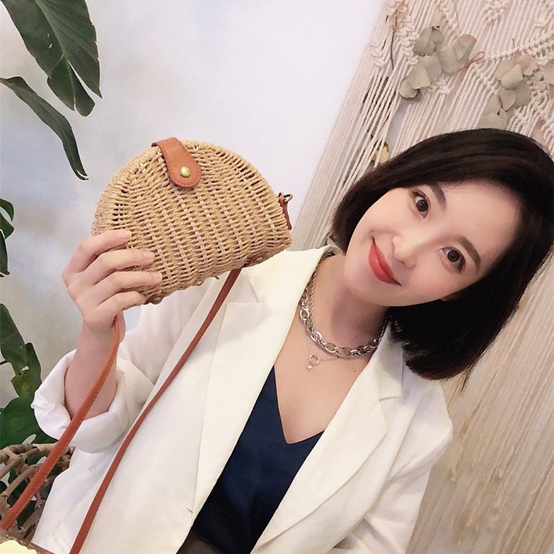 [NowShip - Giao Ngay] Túi Cói Boho Vintage Đeo Vai, Đeo Chéo Hình Tròn Bán Nguyệt Dây Da Màu Nâu Be Trơn