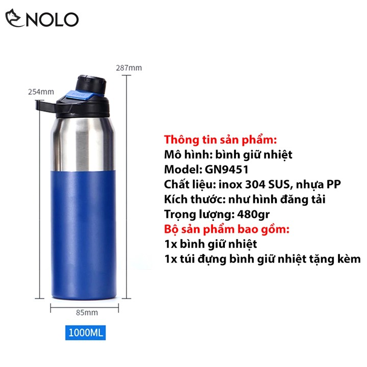 Bình Giữ Nhiệt Thể Thao Quai Xách Model GN9451 Chất Liệu Inox 304 Chống Gỉ Dung Tích 1000ml Tặng Kèm Túi Giữ Nhiệt