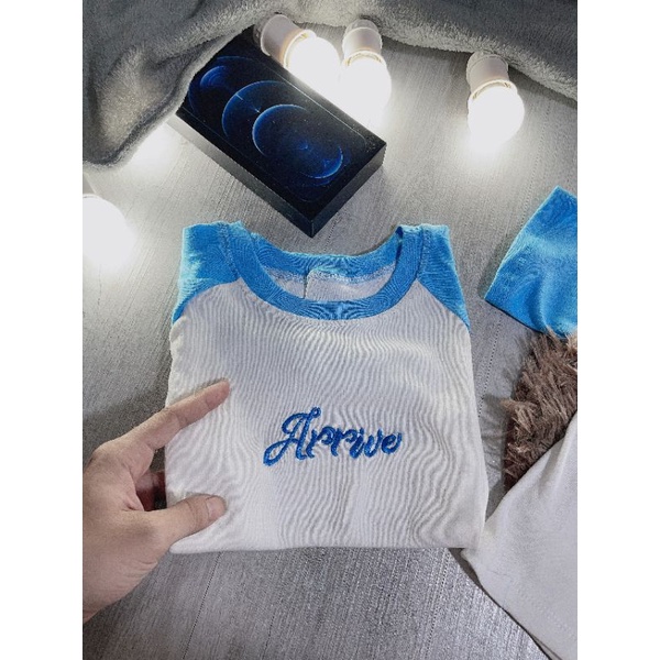 Áo croptop thun borip ảnh thật tay xanh thêu chữ