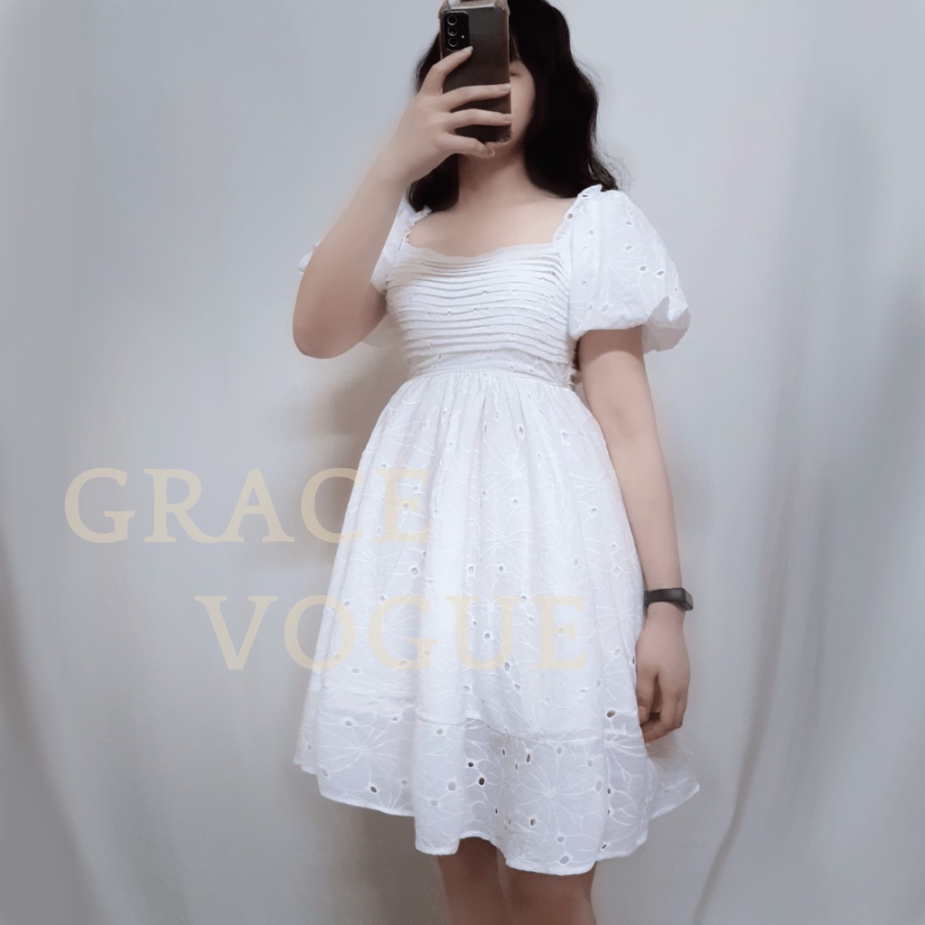 Váy baby doll thô thêu, tiểu thư, tay phồng, cổ vuông, thắt nơ lưng
