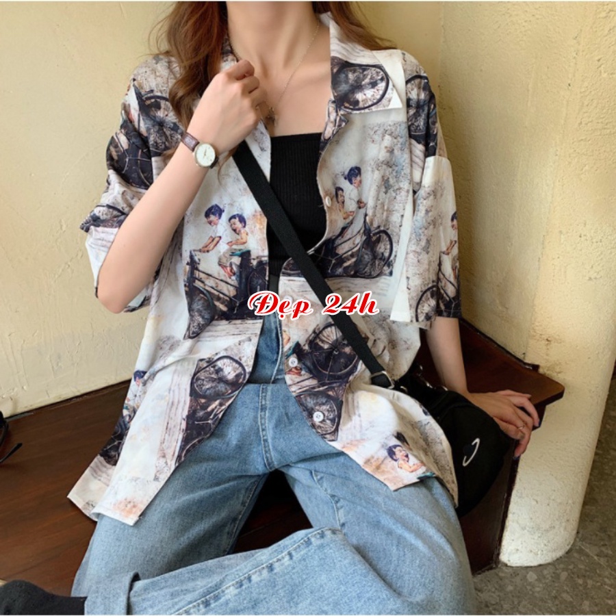 Áo sơ mi nữ form rộng tay lỡ freesize Đẹp 24 giờ chất liệu đũi mịn mát mặc cặp, nhóm in 3D Hình Xe Đạp