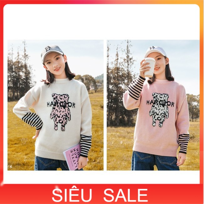 Áo len bé gái Quảng Châu dáng dài 7-16 tuổi tay nối hình Gấu, Áo len lông thỏ cho bé nữ cao cấp phong cách Hàn Quốc