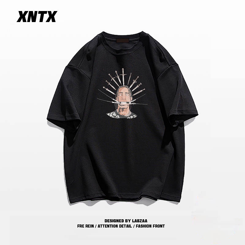 Áo thun cotton dáng rộng tay ngắn họa tiết chữ phong cách hiphop Mỹ thời trang dành cho nam V5ns