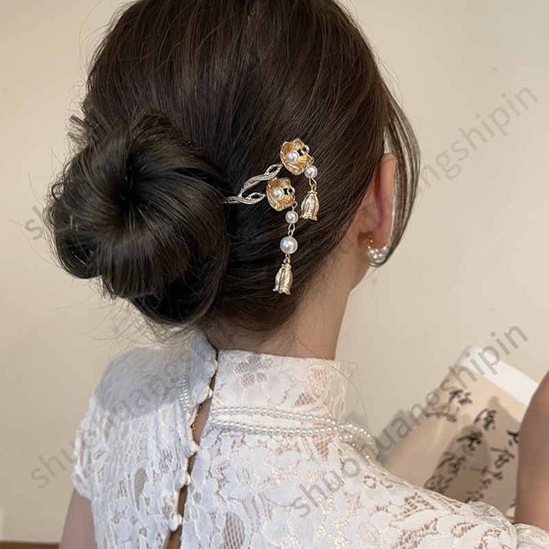Trâm Cài Tóc Đính Hoa Tua Rua Ngọc Trai Thời Trang Thanh Lịch