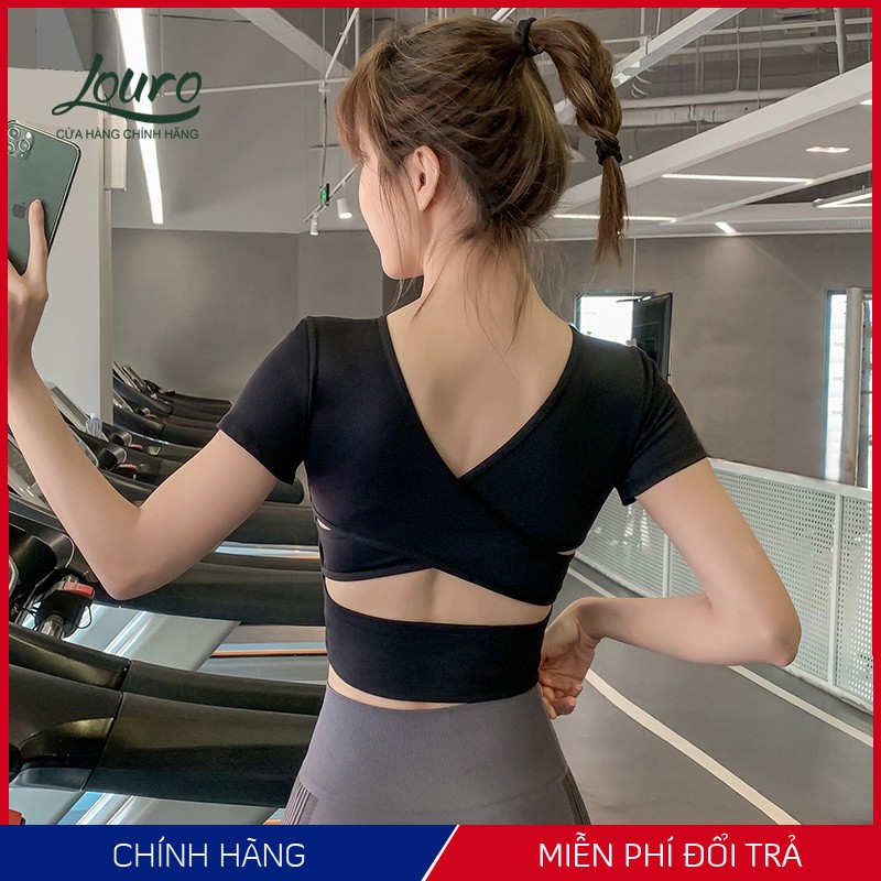 Áo tập gym, yoga nữ Louro kiểu áo croptop body cổ tim chéo lưng, hợp tập thể thao, zumba, yoga, gym, vải co giãn - LA90