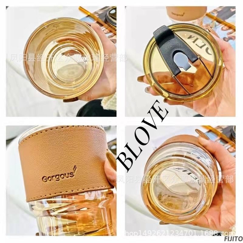 Cốc thuỷ tinh vỏ da có nắp và ống hút, ly uống nước đẹp dung tích 450ml Gorgous màu hổ phách sang trọng