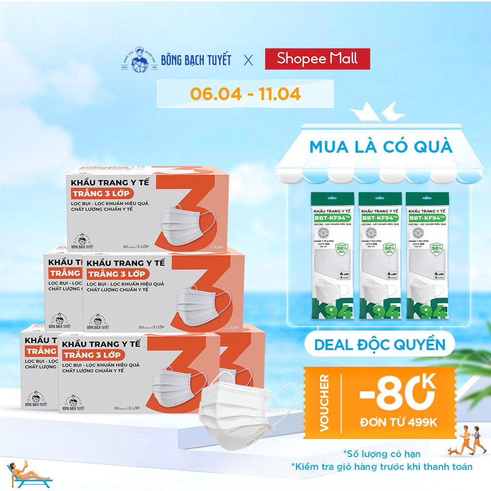 Combo 6 Hộp Khẩu trang Bông Bạch Tuyết 3 lớp trắng (50 cái/hộp)