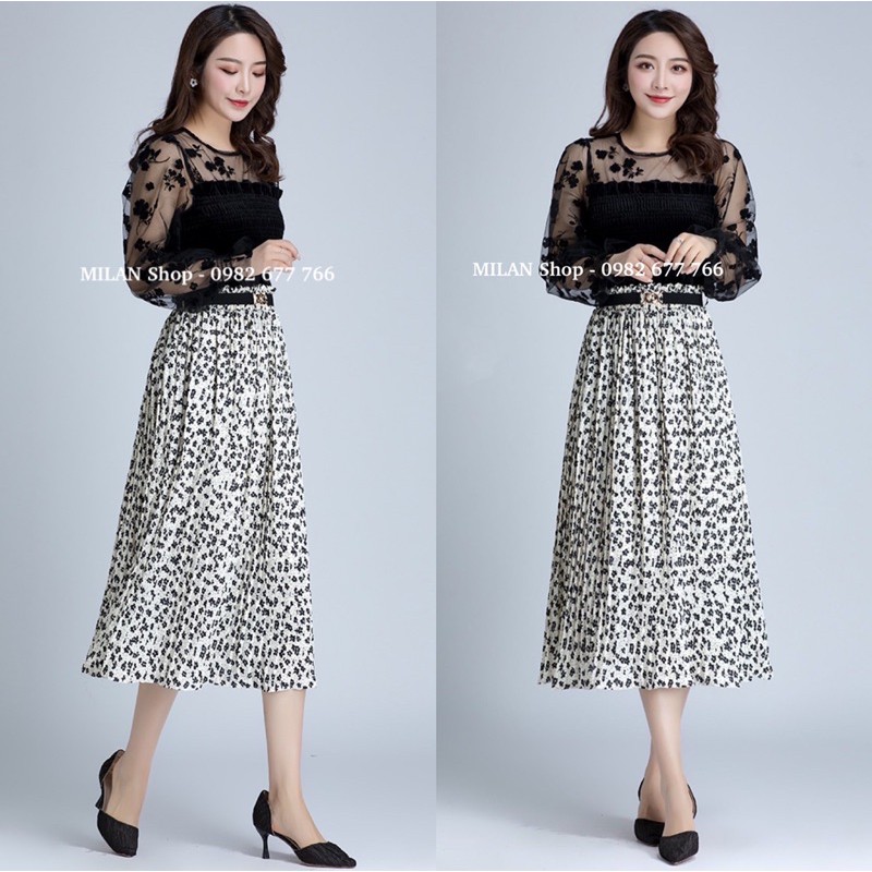 Chân váy voan hoa dập ly kèm đai mẫu mới | BigBuy360 - bigbuy360.vn