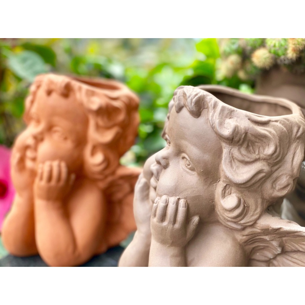 Chậu Đất Nung Thiên Thần Cánh Xòe Bé Trai Nhỏ, Lớn, 2 Màu 2 Kích Cỡ Rộng Miệng Chậu 9cm và 11cm