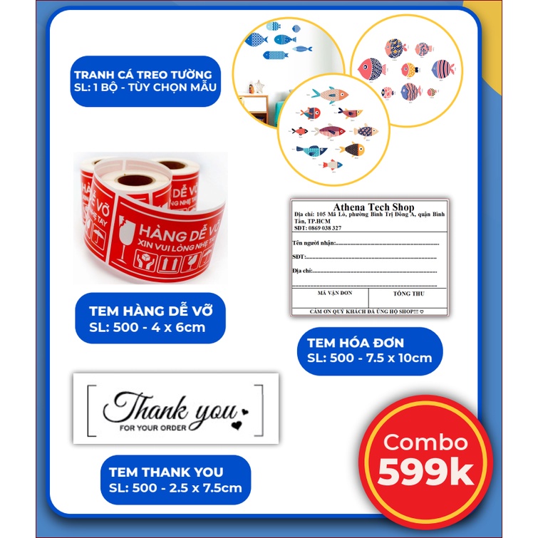 COMBO ĐẶC BIỆT 599K gồm tem hóa đơn, tem thank you, tem hàng dễ vỡ, bộ tranh cá dán tường