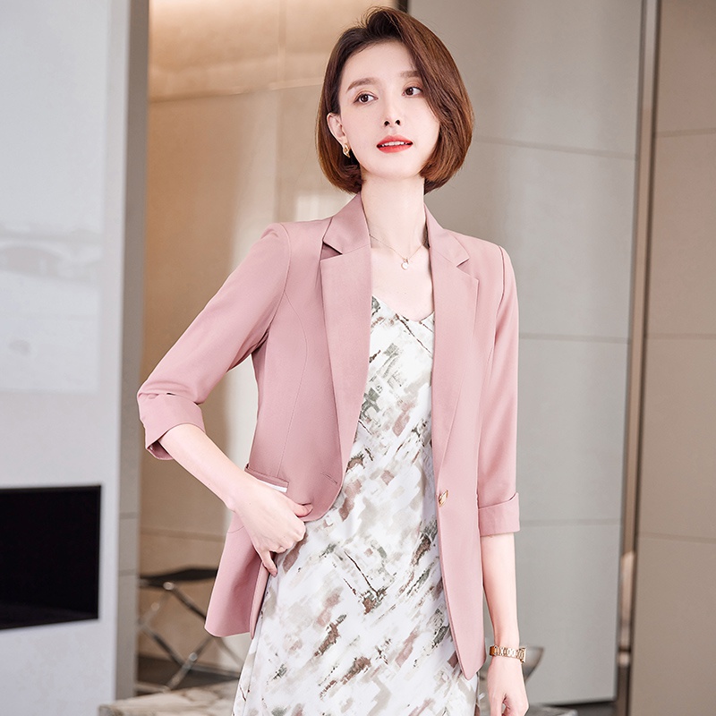 Áo Khoác Blazer Mỏng Tay Lửng Màu Hồng Phong Cách Phương Tây Thời Trang Xuân Hè Dành Cho Nữ