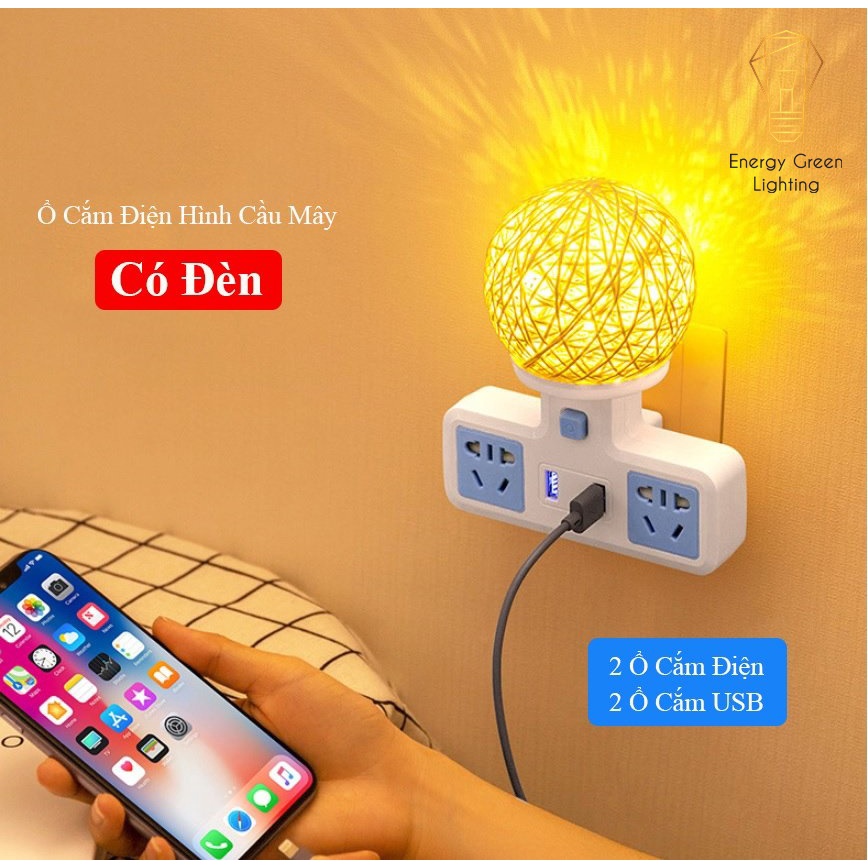 Ổ Cắm Điện Đa Năng - Đèn Ngủ Cầu Mây Energy Green Lighting - 2 Cổng USB , Ổ Chịu Tải 2500W, Chống Cháy Nổ