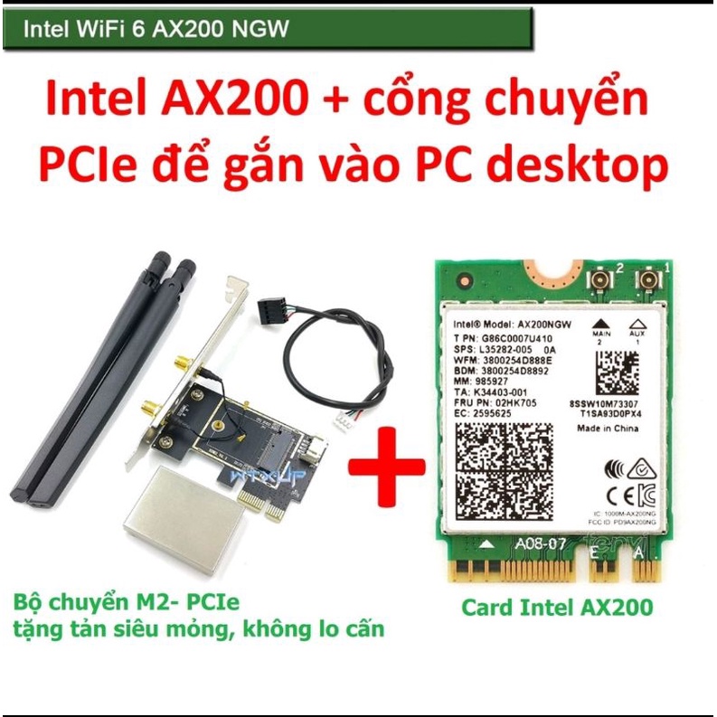 Car chuyển đổi không dây Wifi 6 Intel Ax200. Bluetooth 5.1 802.11ax 2.4Ghz/5Ghz. Băng tần kép