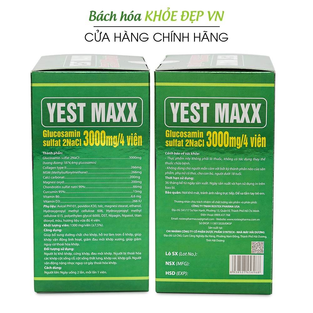 Viên uống bổ xương khớp Glucosamin 3000mg Yest Maxx - 60 viên [Yest Maxx Xanh]