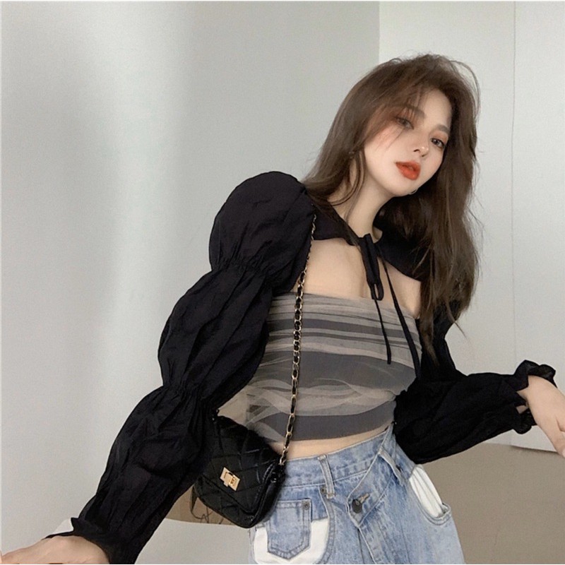 Áo Croptop [Tiệm Vải Xinh] Áo Quây Ngực Ren Mix Áo Dài Tay Nơ Buộc Cổ CT002