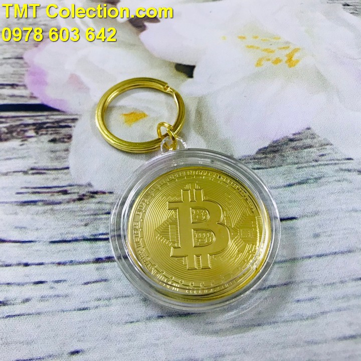Móc khóa xu Bitcoin Vàng, Đồng xu bên trong được làm bằng Niken mạ vàng, sáng bóng, chạm khắc rõ nét - SP005259