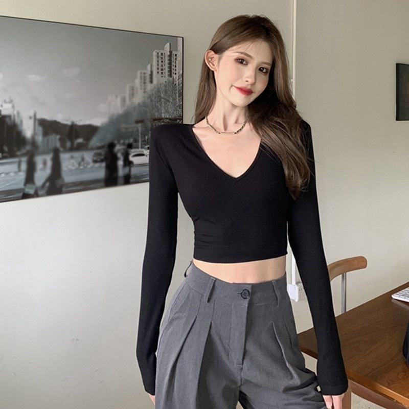 Áo Croptop Tay Dài Cổ Chữ V Màu Sắc Thanh Lịch