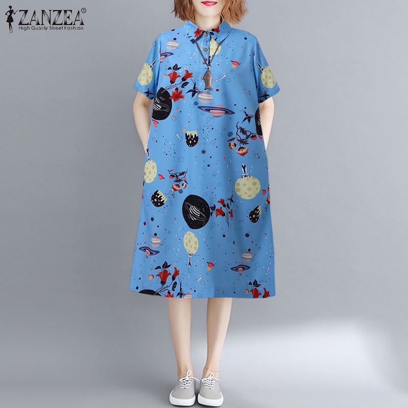 Zanzea Đầm Dài Tay Ngắn Cổ Bẻ In Họa Tiết Động Vật Thời Trang Dành Cho Nữ