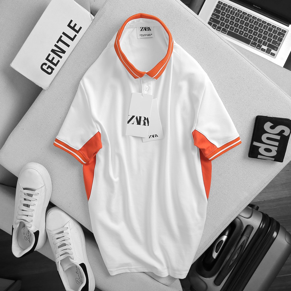 Áo polo nam vải cotton cá sấu cổ bẻ phối màu cam, chuẩn form, có giãn 4 chiều - AMLUX