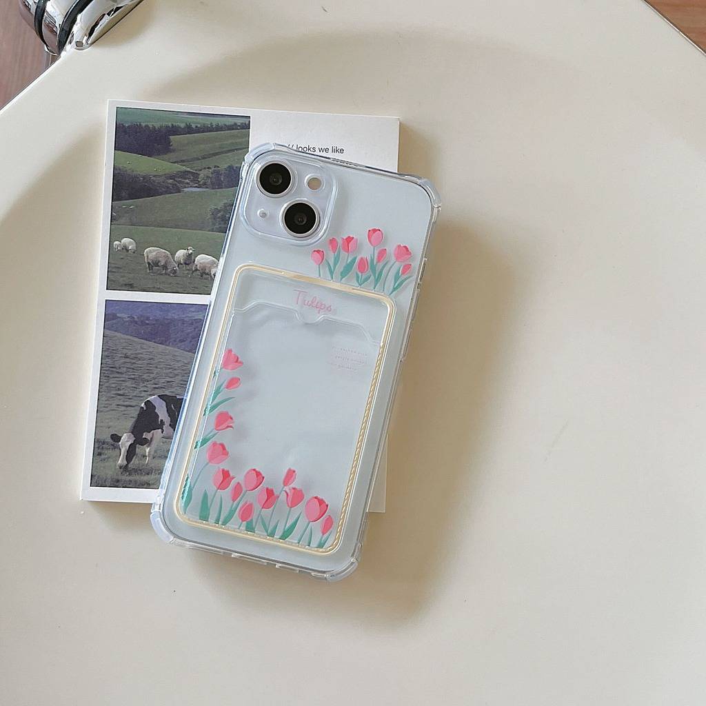 Ốp Điện Thoại TPU Dẻo Trong Suốt Họa Tiết Hoa Tulip Kèm Giá Đỡ & Ngăn Đựng Thẻ Cho iPhone 11 13 7Plus 12 Pro Max XR