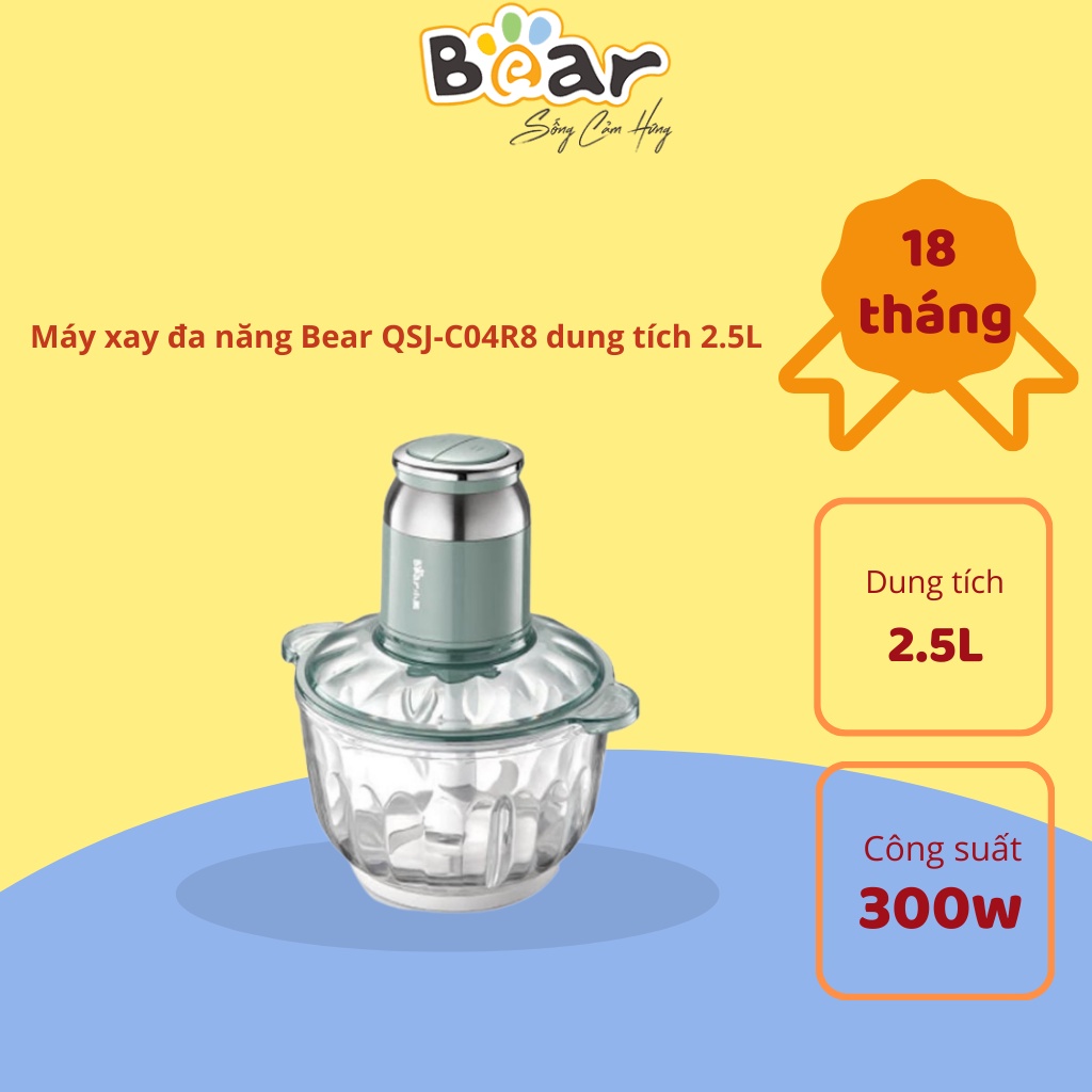 Máy xay đa năng Bear nhỏ gọn tiện lợi dung tích 2.5L công suất 300W - Bản Quốc Tế Tiếng Anh - Hàng chính hãng QSJ-C04R8S