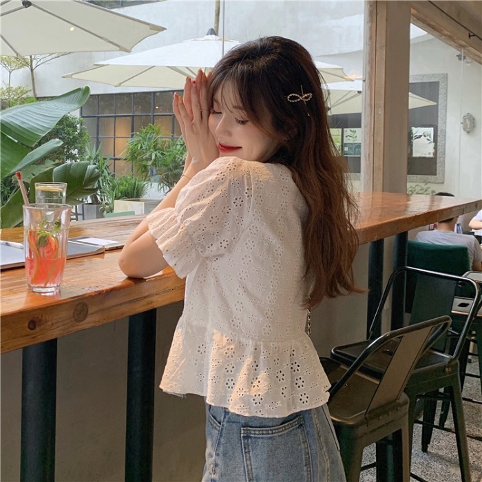 Áo sơ mi tay ngắn dáng ôm phối ren kiểu vintage thời trang mùa hè