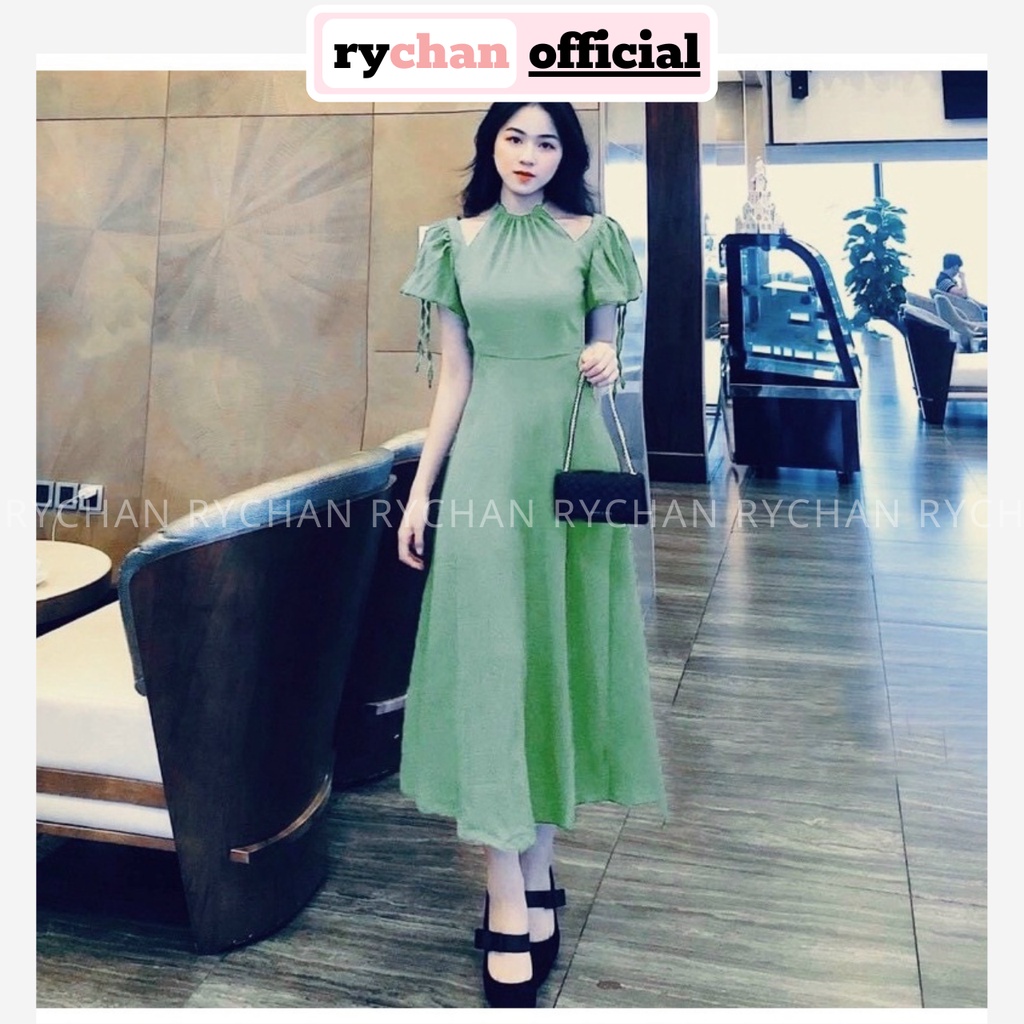 Đầm Váy Nữ Dự Tiệc Cổ Yếm Cách Tân Khoét Vai Tay Bo Dây Cổ Xưa Màu Xanh Đen Trắng [ẢNH THẬT CUỐI] - DX9729