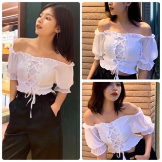 Áo croptop bẹt vai đan ngực