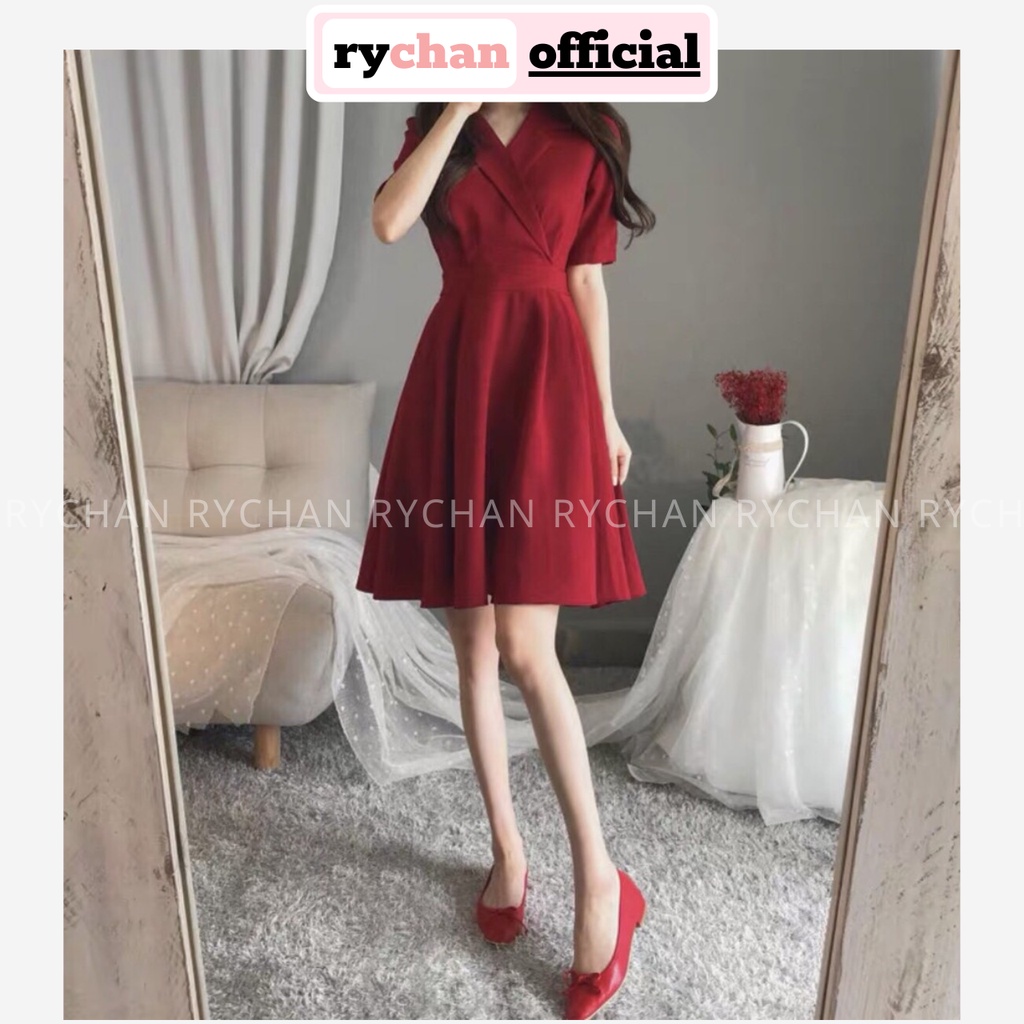 DX194 - Đầm Xòe Màu Đỏ Đắp Chéo Tay Ngắn [ẢNH THẬT CUỐI]
