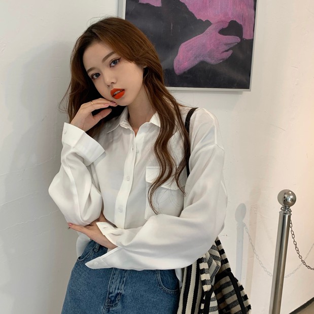 Áo Sơ Mi Tay Dài Dáng Rộng Màu Sắc Đơn Giản Phong Cách Retro Hàn Quốc