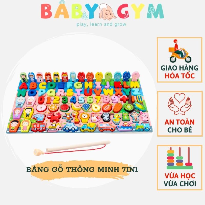 Bảng chữ cái, con số bằng gỗ cho bé 7in1, Đồ chơi gỗ 7 hàng câu cá, chữ số, hoa quả, động vật BABYGYM
