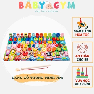 Bảng chữ cái, con số bằng gỗ cho bé 7in1, Đồ chơi gỗ 7 hàng câu cá, chữ số, hoa quả, động vật BABYGYM