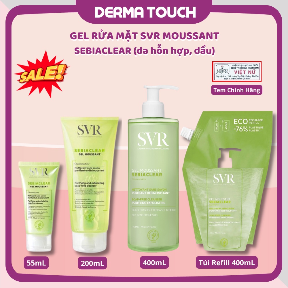 Gel rửa mặt SVR Sebiaclear Gel Moussant  da dầu mụn 55mL- 200mL - 400mL - Túi Refill 400ml - Hàng Chính hãng có tem Cty