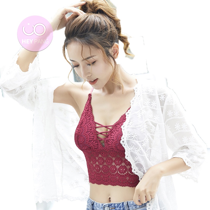 Áo croptop ren nữ bra ngực chữ V phối lưới chéo lưng sexy mẫu mới 2022 HEYPANG VN036