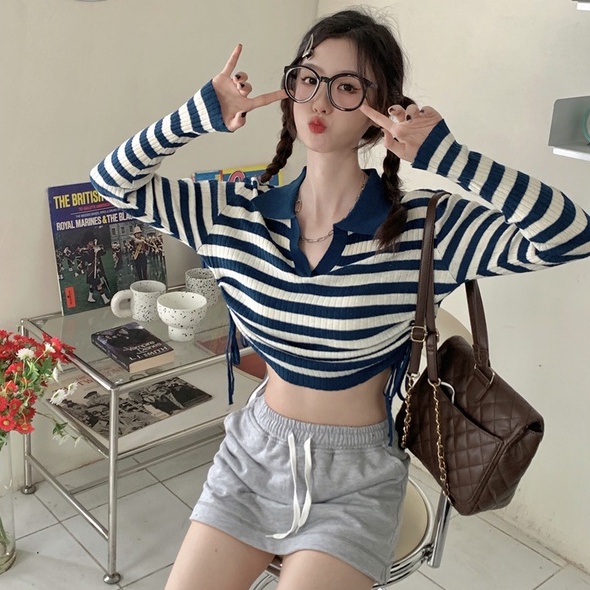 Áo sweater ZHELIHANGFEI cổ polo tay dài lưng cao phối dây rút kẻ sọc thiết kế quyến rũ