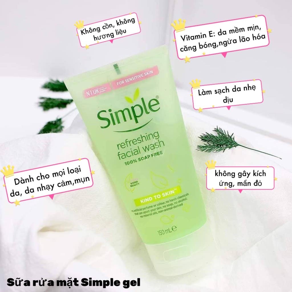 [Có sẵn] Sữa Rữa Mặt Simple Kind To Skin Refreshing Facial Wash Gel 150ml - Cho da Nhạy Cảm Và Da Dầu Mụn Mới