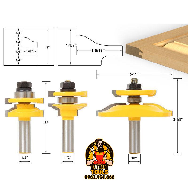 Bộ Mũi Phay Gỗ Ghép Ván - Mũi Soi Làm Cánh Cửa Tủ Bếp 3 Món