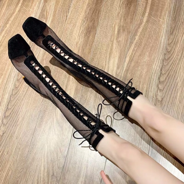 Boots lưới ulzzang cao cổ gót vuông cao 7cm [Order]