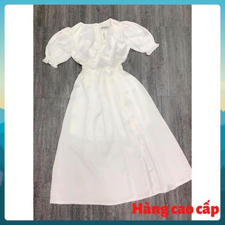 (Hàng cao cấp) Đầm trắng phi xẻ tà thắt eo