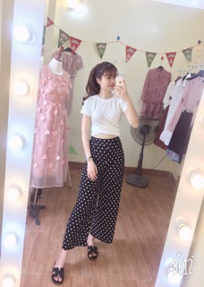 Set quần chấm bi ống loe và áo croptop