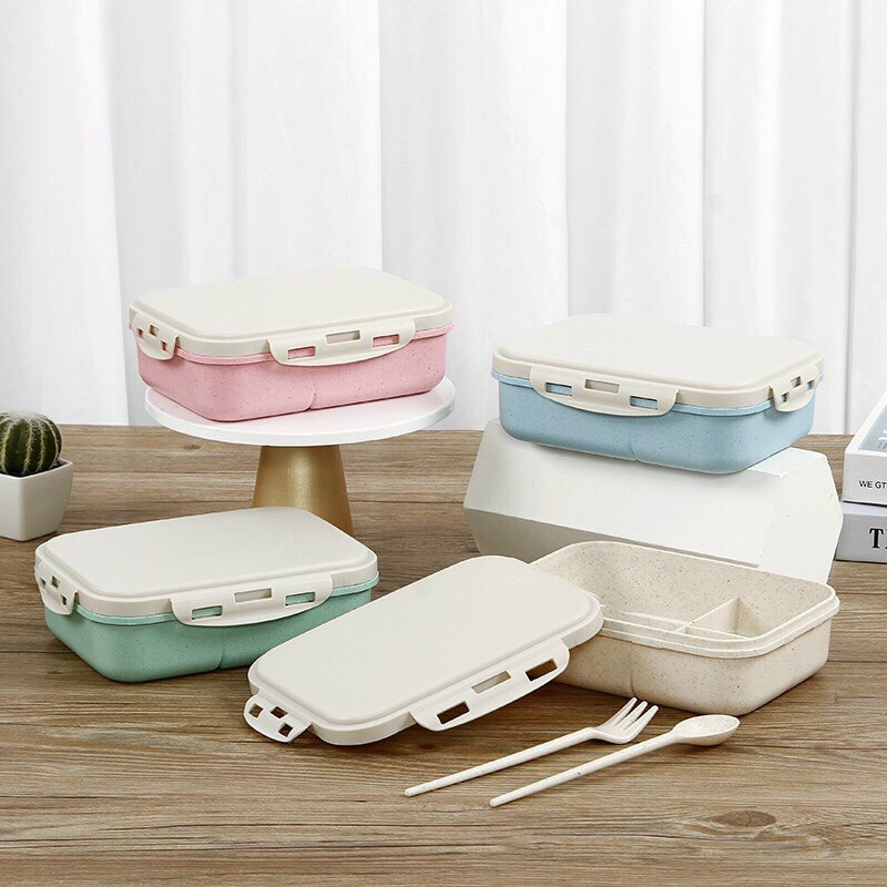 Hộp đựng Cơm Lúa Mạch 3 Ngăn,Tặng kèm thìa và đũa Inox. Mẫu 2021.ĐTBX