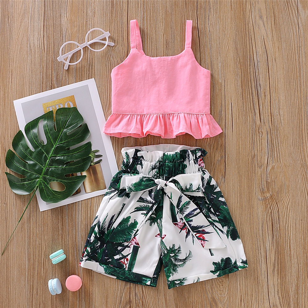 Set đồ mùa hè Mikrdoo 2 món gồm áo hai dây màu hồng + quần hoa dáng rộng cho bé gái