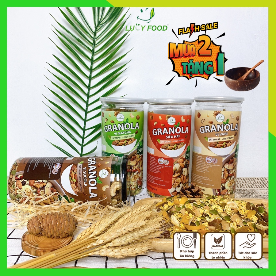 Granola Siêu Hạt 8%-30% yến mạch 3 vị Matcha - Socola- vani- Ngũ cốc ăn kiêng hỗ trợ giảm cân lấy lại vóc dáng tự nhiên