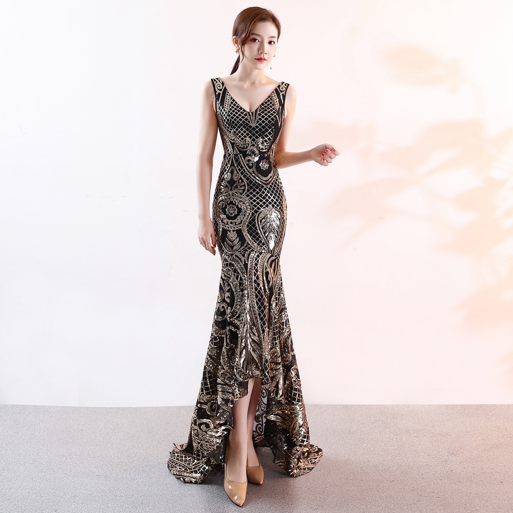 Đầm Dạ Hội Dài Ôm Dáng Đính Kim Sa Lấp Lánh Thanh Lịch Cho Nữ