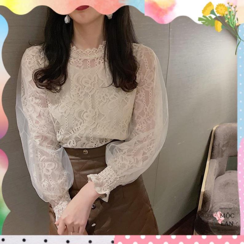 Áo sơ mi dài tay ren hoa trắng phối voan lưới thanh lịch nhẹ nhàng trẻ trung tiểu thư
